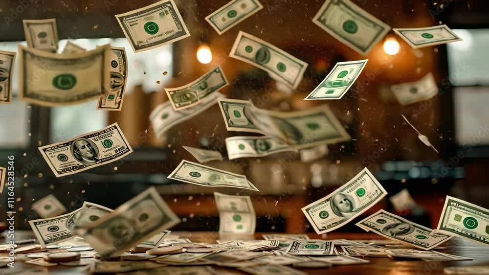 hundred dollar bills fall on the table. selective focus