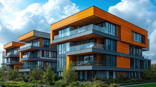 Modern apartment buildings with balconies and wood siding.