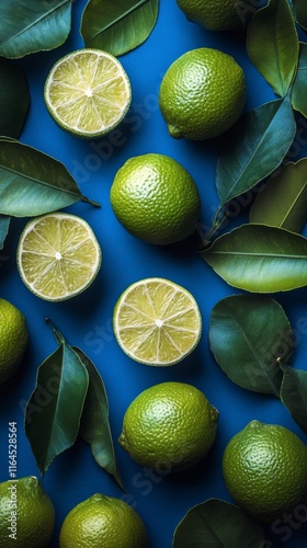 Fresh limes and leaves arranged on a blue background highlighting their vibra...