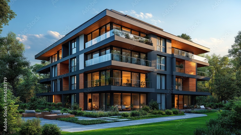 Modern apartment building at dusk, surrounded by lush greenery. Modern apartment building at dusk, surrounded by lush greenery.
