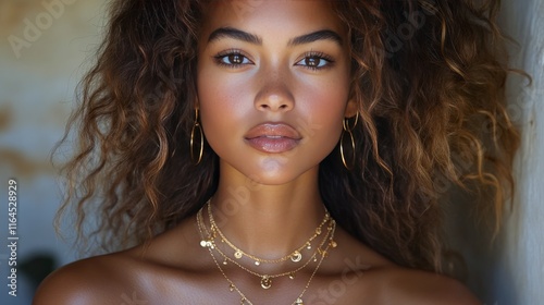 Young woman sitting at a bar with natural light highlighting her features in ...