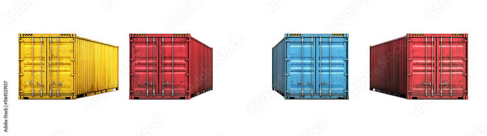 four shipping containers arranged in two pairs. with the first pair colored yellow and red. and the second pair colored blue and red the containers are designed for transport and storage. showcasing a four shipping containers arranged in two pairs. with the first pair colored yellow and red. and the second pair colored blue and red the containers are designed for transport and storage. showcasing a