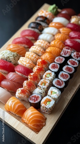 Vibrant sushi platter showcasing a variety of rolls and seafood with fresh ga...