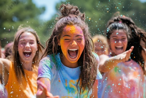 Joyful celebration with friends amidst colorful confetti in an outdoor festiv...