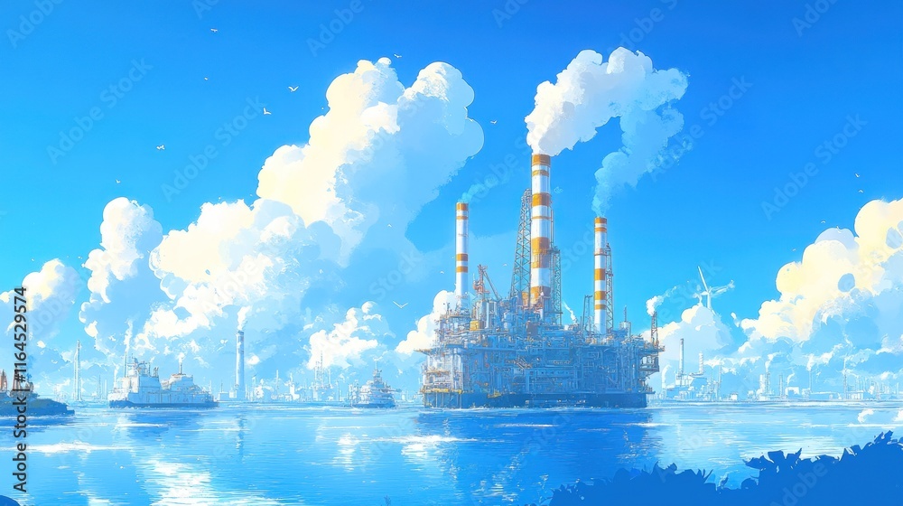 Fototapeta premium Idyllic coastal industrial scene with offshore platform, ships, and wind turbines under a bright sunny sky.