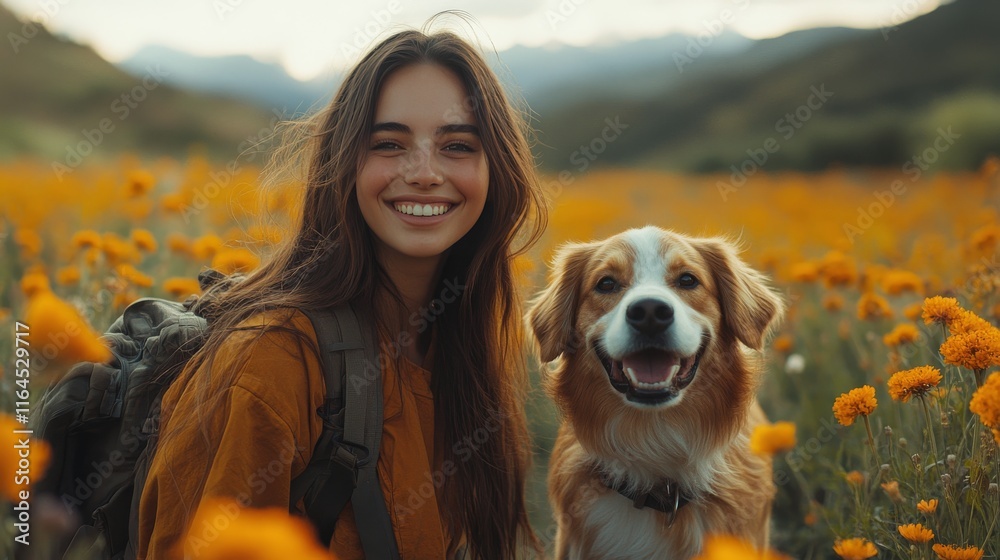 Evening stroll in a flower field with a dog at sunset over the horizon near the mountains