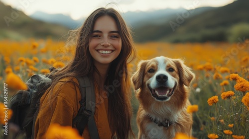 Evening stroll in a flower field with a dog at sunset over the horizon near t...