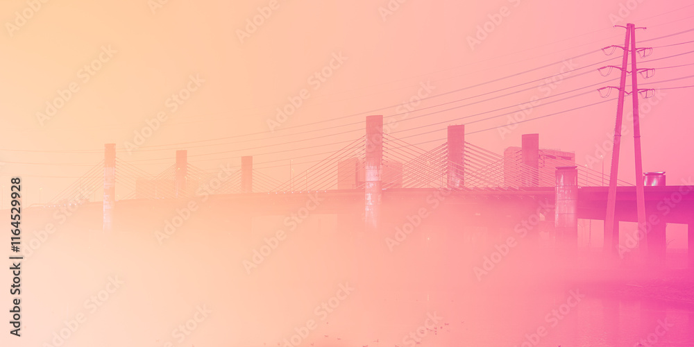 Obraz premium Foggy winter landscape in retro-style duo colors with the view of lighted Q Bridge over the Quinnipiac River in New Haven, Connecticut, USA