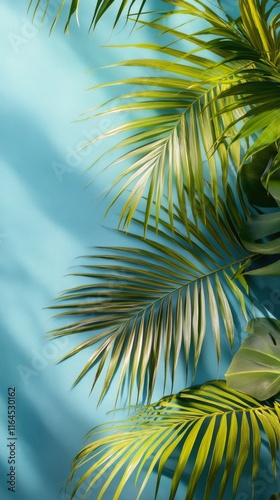 Lush green palm leaves basking in sunlight against a vibrant blue wall