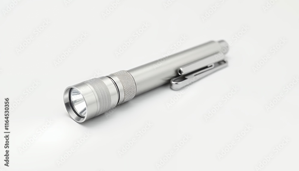 Sleek Silver Flashlight: Minimalist Design, Bright Beam, Metal Body Sleek Silver Flashlight: Minimalist Design, Bright Beam, Metal Body