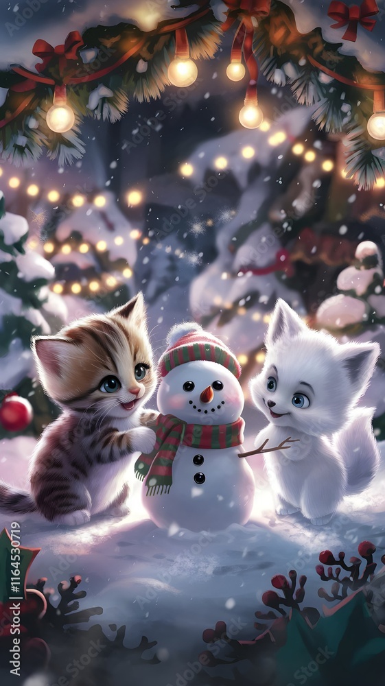 Obraz premium Festive Winter Scene with Kittens and Snowman