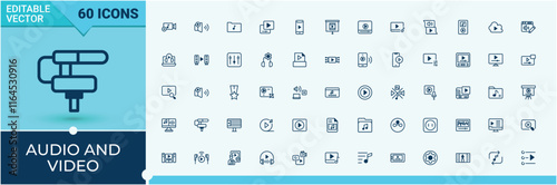 Audio And Video icons set. It contains symbols to simple, set, icon, speaker, video, symbol, entertainment and more. Icons for UI. Editable vector icon and illustration.