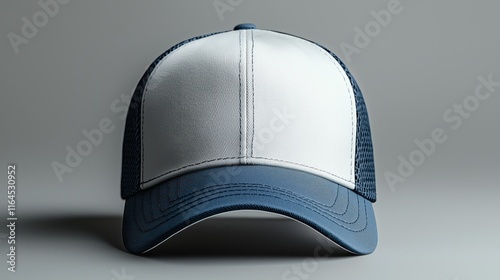 Blue and white baseball cap on a grey background. Mock up design.