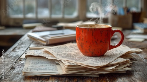 Cozy coffee moment near a window with plants and notes in a bright, warm space