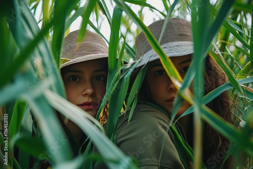 Couple enjoying nature walk through tall grass during overcast afternoon