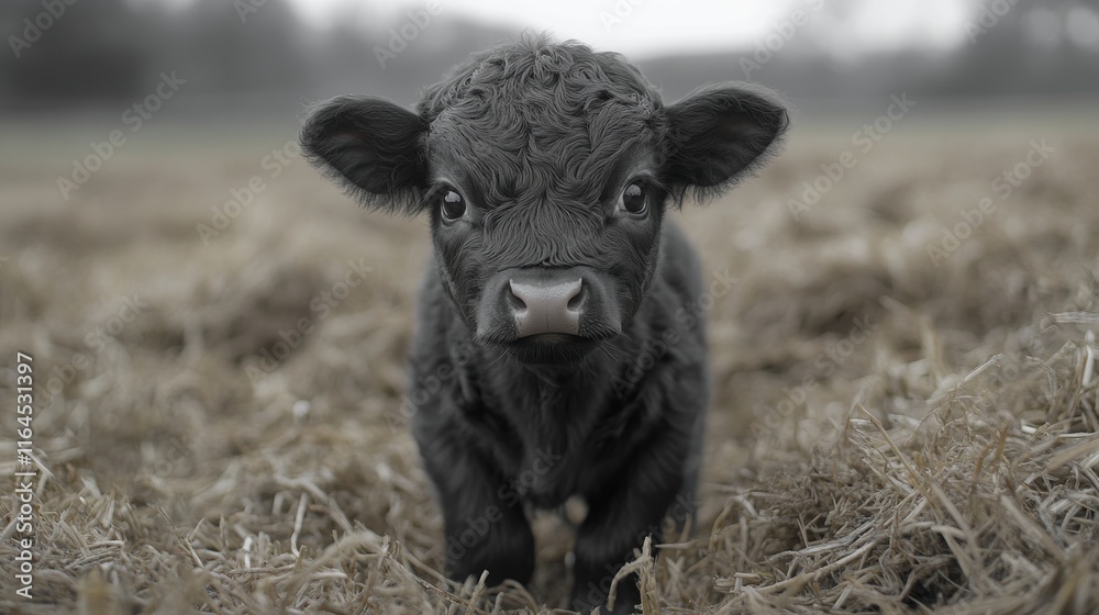 Playful calf runs across a grassy field in a rural landscape during early spring Playful calf runs across a grassy field in a rural landscape during early spring