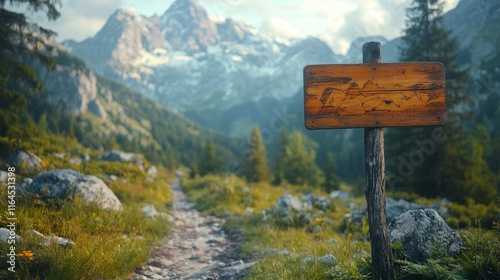 Mountain trail sign indicating direction amidst beautiful alpine landscape du...