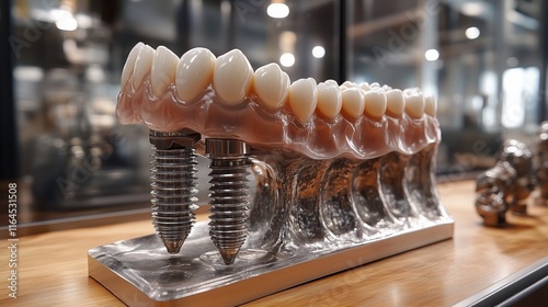 Educational model with post of dental implant between teeth and crowns