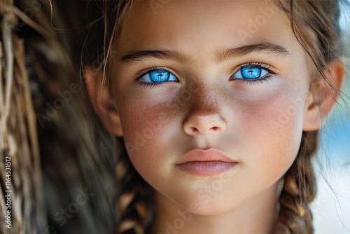 Young girl with stunning blue eyes poses with braided hair against a neutral ...