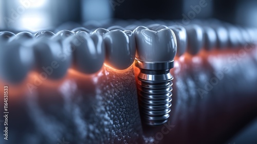 Educational model with post of dental implant between teeth and crowns