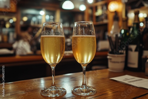 Elegant golden cocktails served in stylish martini glasses on a rustic wooden...