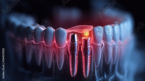 Educational model with post of dental implant between teeth and crowns
