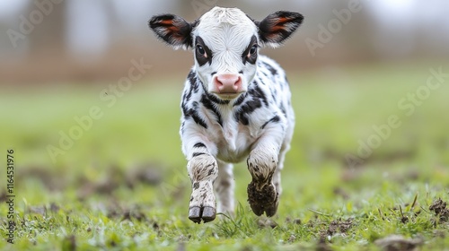 Playful calf runs across a grassy field in a rural landscape during early spring