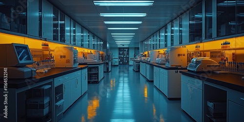 Modern Medical Research Laboratory with Microscope and Test Tubes with Biochemicals on the Desk.