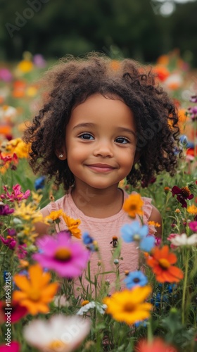 Young girl smiles joyfully among colorful wildflowers in sunny outdoor setting