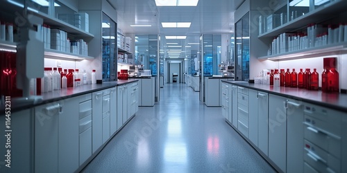 Modern Medical Research Laboratory with Microscope and Test Tubes with Biochemicals on the Desk.
