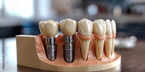 Educational model with post of dental implant between teeth and crowns