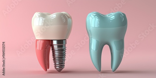 Educational model with post of dental implant between teeth and crowns