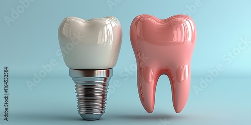 Educational model with post of dental implant between teeth and crowns