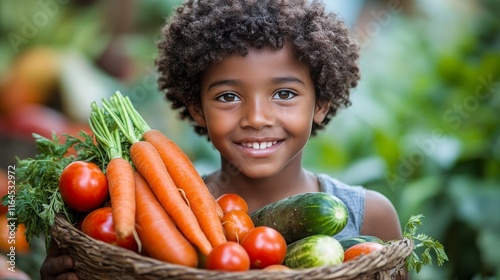Young boy smiles while holding a basket of fresh vegetables in a vibrant gard...