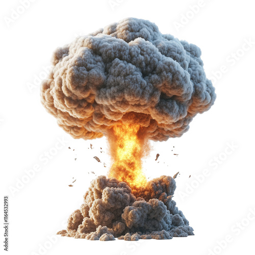 a dramatic explosion with a large mushroom cloud. showcasing the intense energy and chaos of a blast the bright orange and yellow flames contrast sharply with the dark gray smoke. emphasizing the dest photo