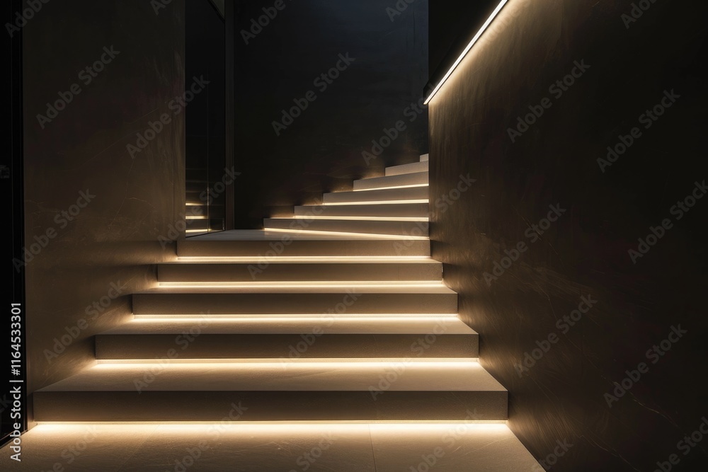 Fototapeta premium Modern Luxe: Nighttime Illuminated Staircase in Contemporary Minimalist Style