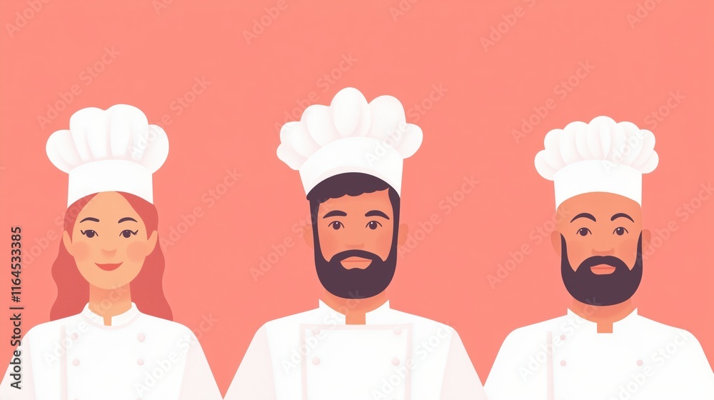 Multicultural Team of Chefs Illustrating Culinary Collaboration on Coral Pink Background Multicultural Team of Chefs Illustrating Culinary Collaboration on Coral Pink Background