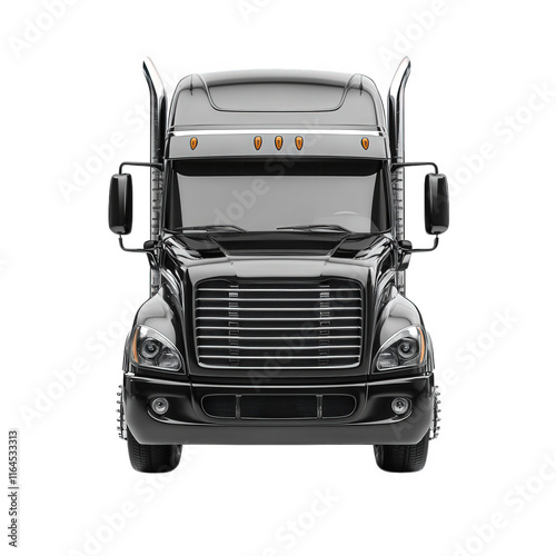 a black semi-truck with a sleek design. showcasing its front view the truck features prominent headlights. a distinctive grille. and a streamlined shape. emphasizing its purpose for transportation and photo