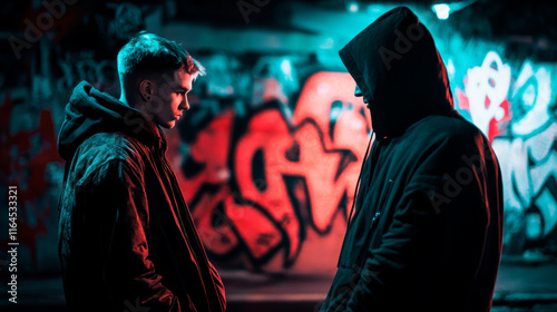 Two young men, drug dealer and his client, talking in alley photo