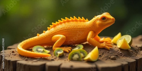 Colorful lizard surrounded by fresh fruits on a wooden surface in a natural setting