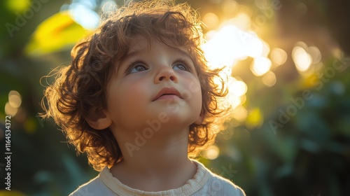 Child gazes upward with wonder while light filters through the window in a co...