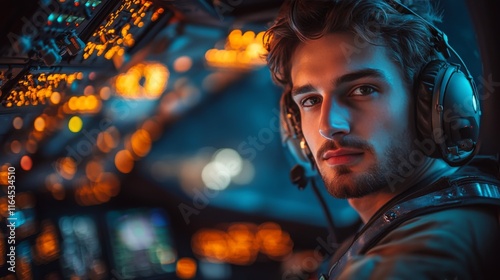 Young pilot in cockpit with control panel illuminated during sunset