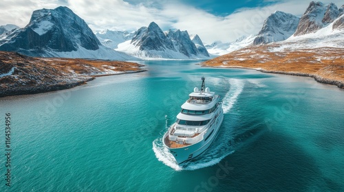 Luxury yacht navigating through icy waters surrounded by majestic mountains i...
