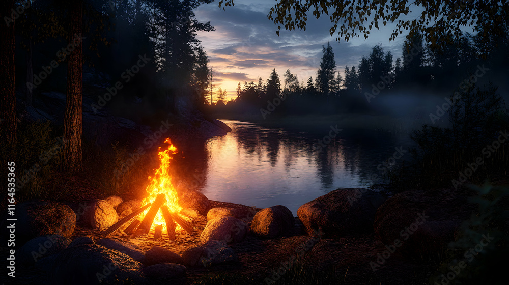 A campfire glowing in a forest at dusk, the river reflecting the darkening sky with the light of the fire softly illuminating the nearby stones and trees A campfire glowing in a forest at dusk, the river reflecting the darkening sky with the light of the fire softly illuminating the nearby stones and trees