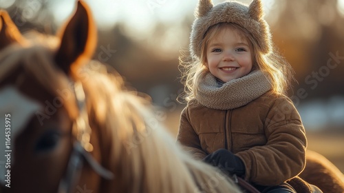 Smiling child wearing winter clothing rides a horse during a sunny afternoon ...