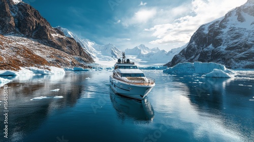 Luxury yacht navigating through icy waters surrounded by majestic mountains i...