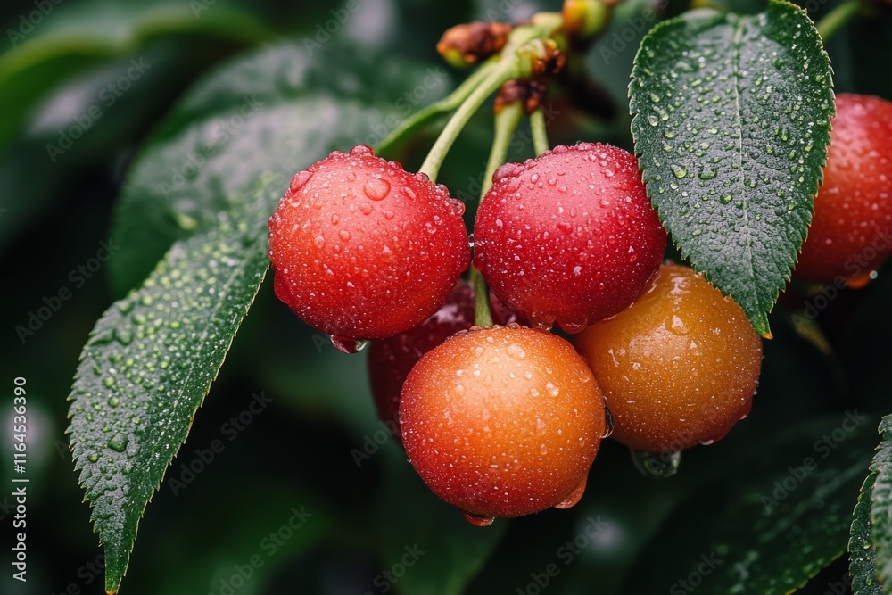 Obraz premium Fresh cherries glistening with droplets after rain in a vibrant orchard setting