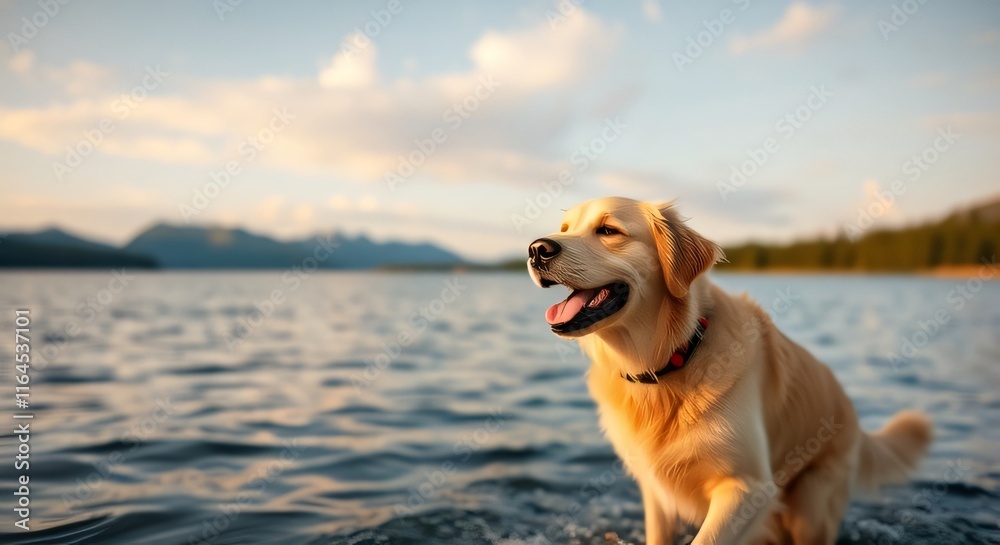 Energetic Golden Retriever in vibrant lake scenery Energetic Golden Retriever in vibrant lake scenery