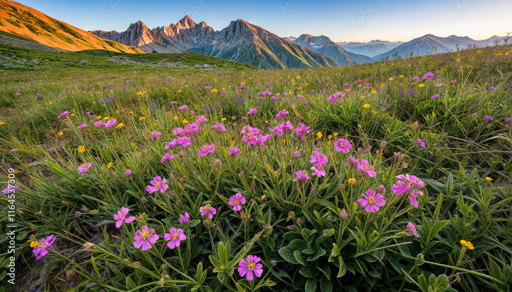 Obraz premium Colorful wildflowers bloom across a lush mountain meadow during sunset, as dramatic peaks rise majestically in the background, creating a tranquil atmosphere