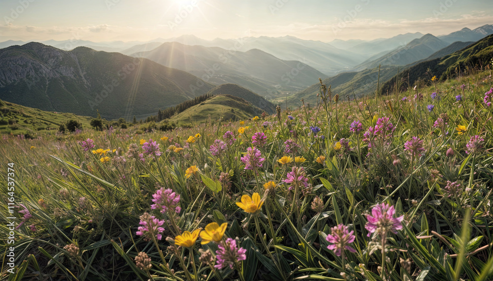 Obraz premium Wildflowers bloom vividly in a lush green meadow, set against majestic mountains illuminated by the warm glow of a setting sun. Nature thrives in this peaceful valley